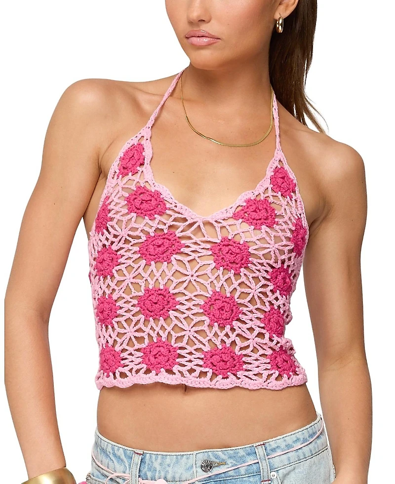 Edikted Contrast Floral Crochet Halter Top