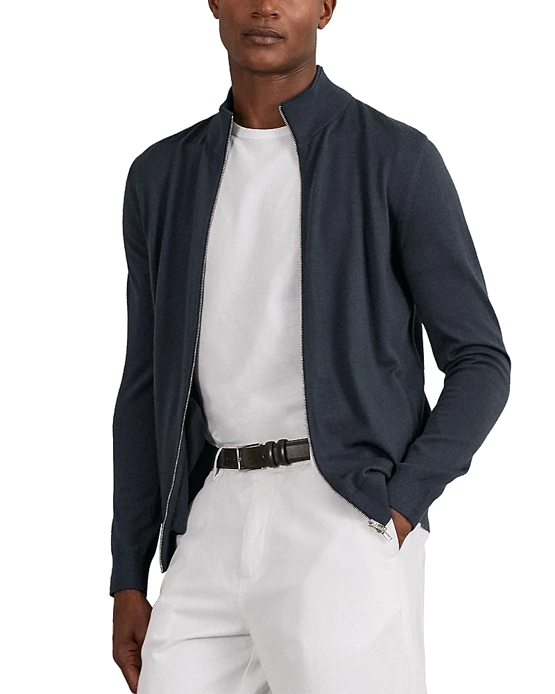 Reiss Hampshire Long Sleeved Merino Wool Zip Through Funnel Neck Shirt