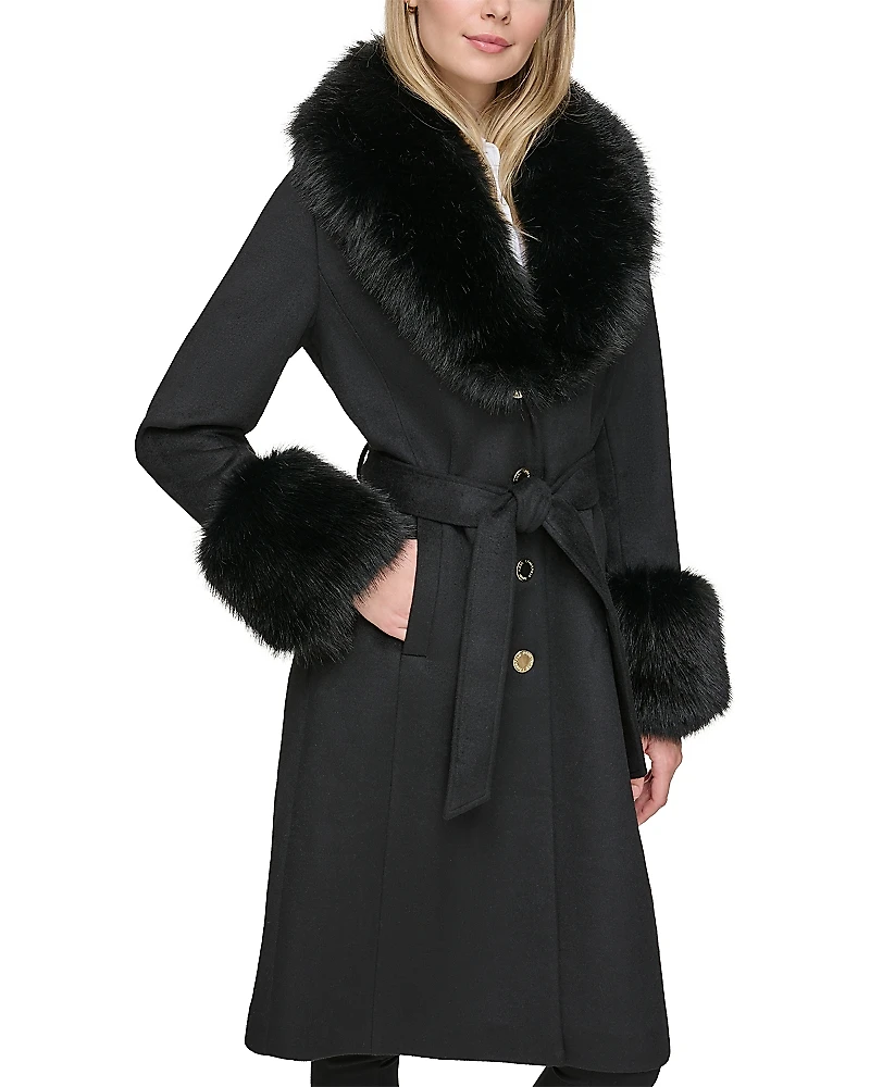 Karl Lagerfeld Paris Wool Blend Faux Fur Trim Coat