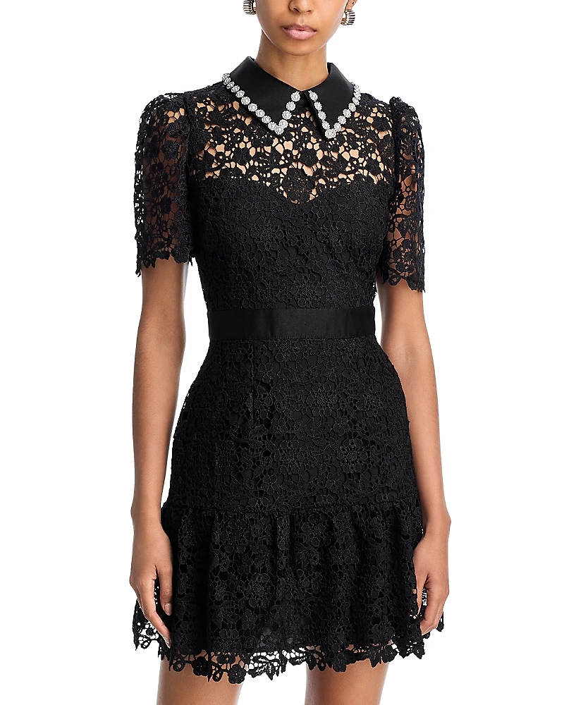 Aqua Pearl Trim Short Sleeve Lace Mini Dress - Exclusive