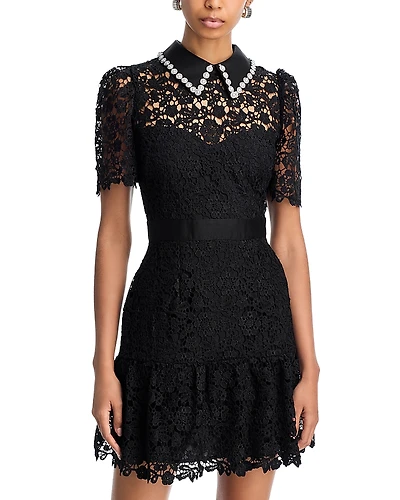 Aqua Pearl Trim Short Sleeve Lace Mini Dress - Exclusive