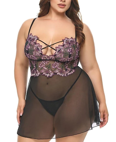 Oh La Cheri Plus Adela Floral Sheer Babydoll