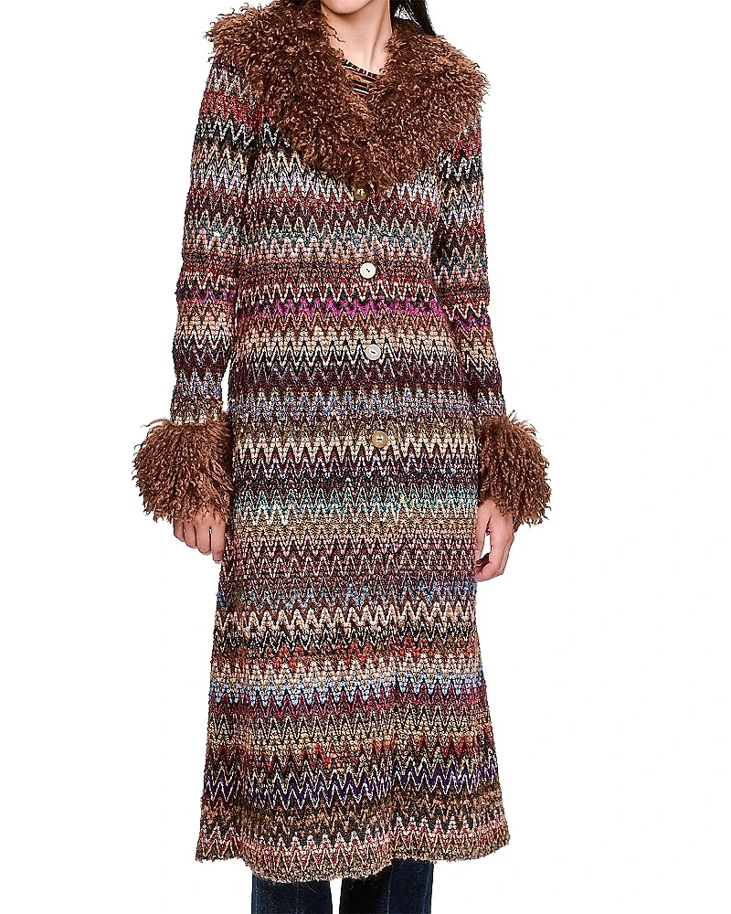 Anna Sui Bargello Faux Fur Trim Coat