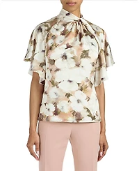 Santorelli Joyce Mock Neck Blouse with Short Cape Sleeves Top