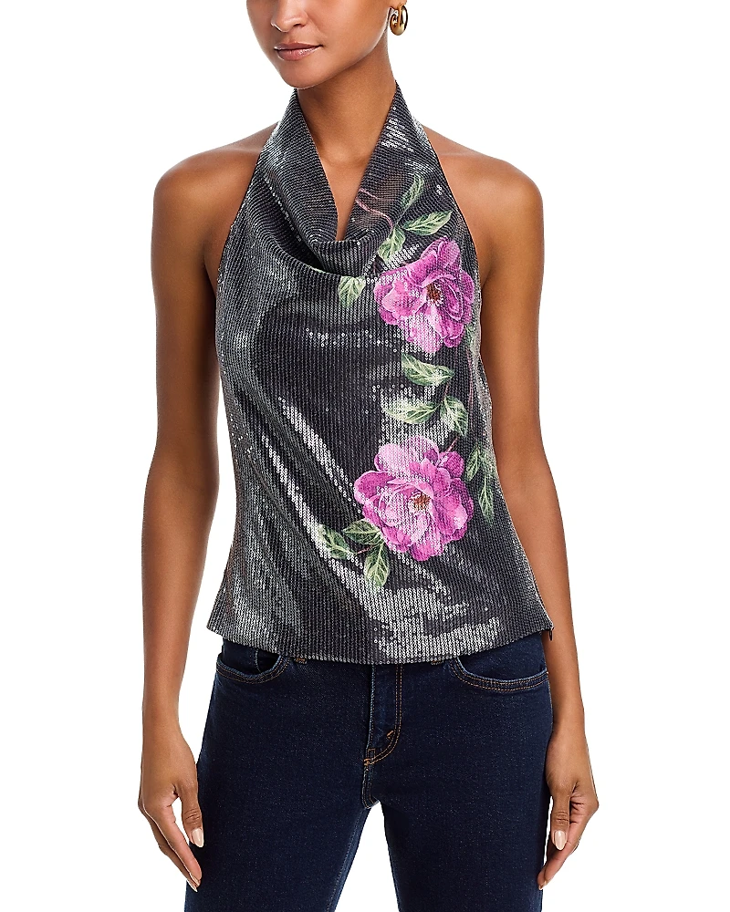 Aqua Sequin Floral Halterneck Top - Exclusive