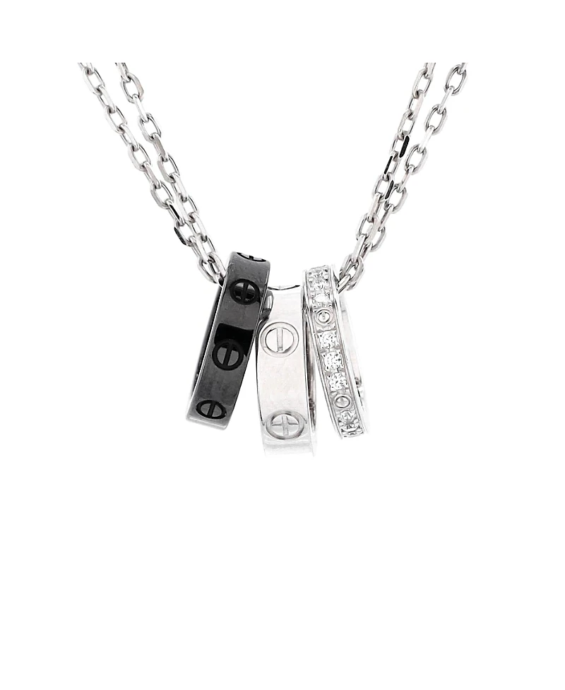 Pre-Owned Cartier Love 3 Ring Pendant Necklace 18K White Gold and Ceramic with Diamonds