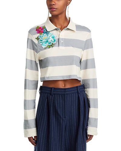 Area Embroidered Flower Rugby Stripe Crop Polo