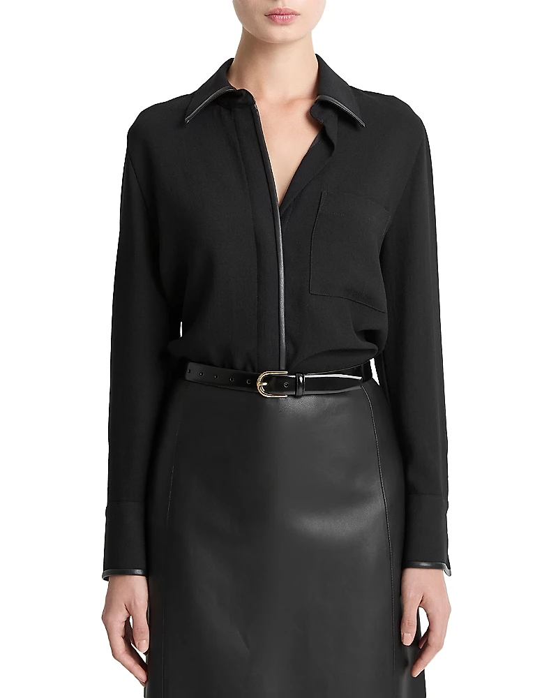 Vince Faux Leather Trim Blouse