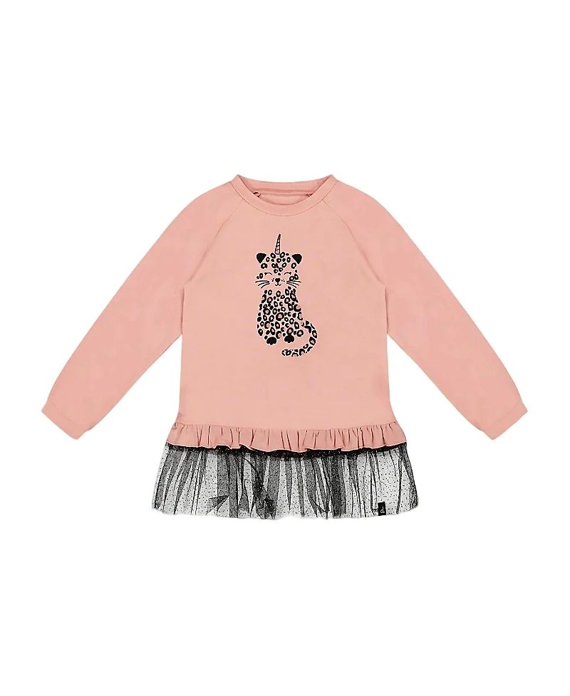 Deux par Girls' Long Bi-Material Top with Mesh Ruffle Hem and Leopard Print