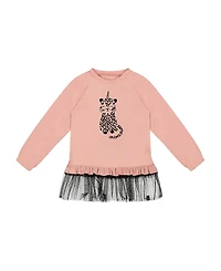 Deux par Girls' Long Bi-Material Top with Mesh Ruffle Hem and Leopard Print