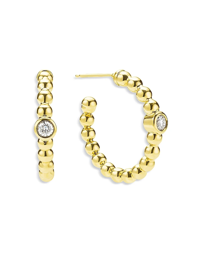 Lagos 18K Yellow Gold Caviar Gold Diamond Bezel Beaded Hoop Earrings