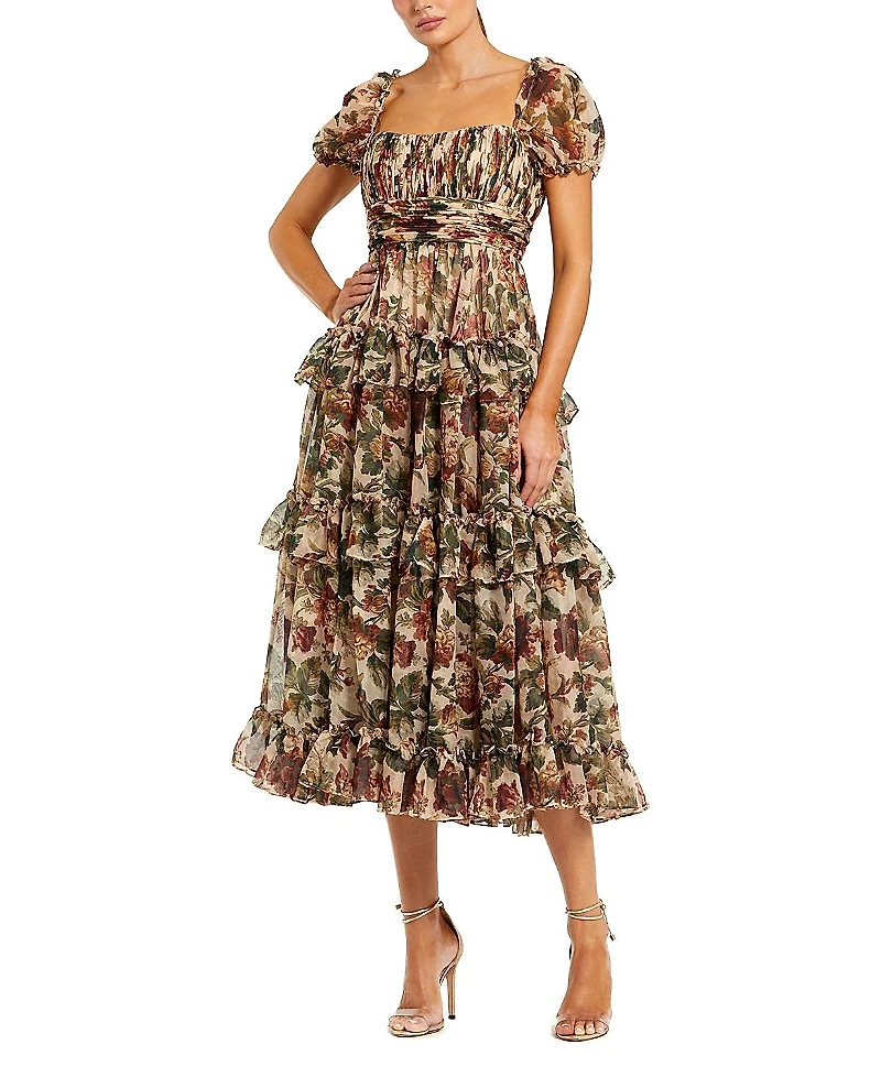 Mac Duggal Chiffon Puff Sleeve A Line Midi Dress with Ruffles