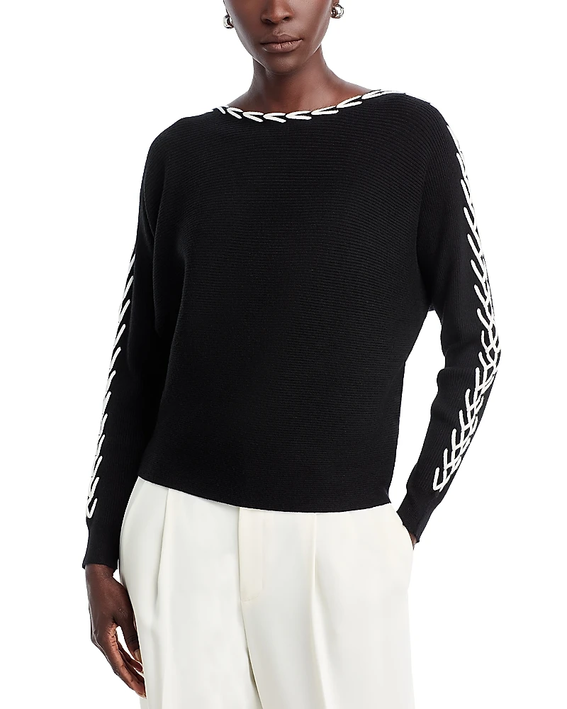 T Tahari Whipstitch Boat Neck Dolman Sleeve Sweater