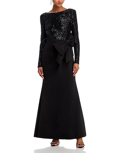 Eliza J Long Sleeved Boat Neck Combo Bow Mermaid Gown