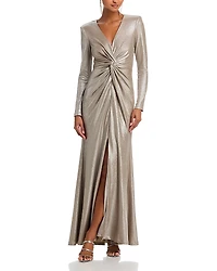 Eliza J Long Sleeved V Neck Twist Waist Mermaid Gown