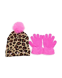 Omg Accessories Girls' Leopard Print Hat & Gloves Set