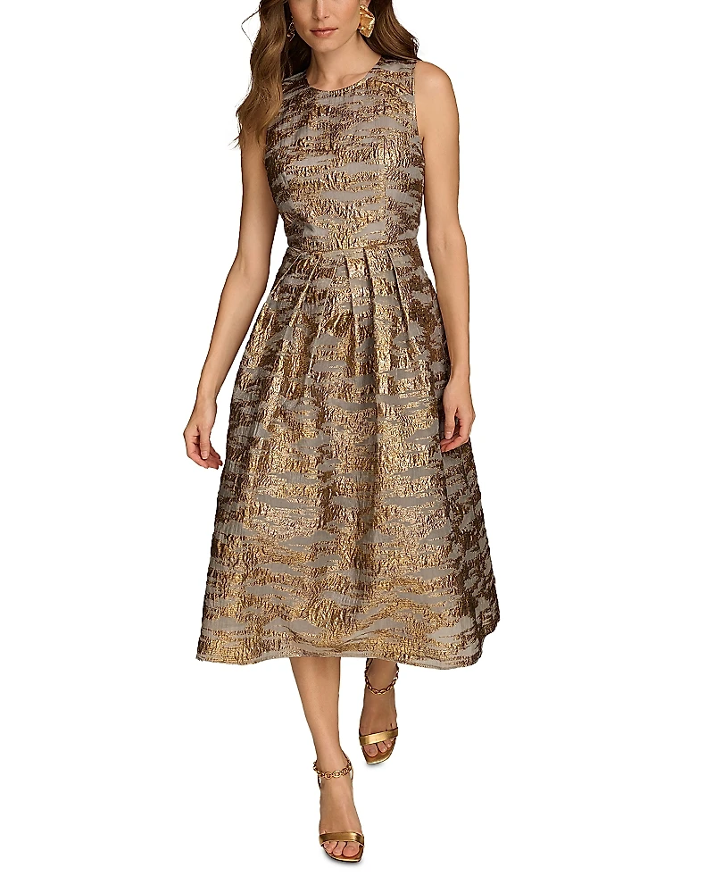 Donna Karan Brocade Midi A Line Dress With Illusion Neckline