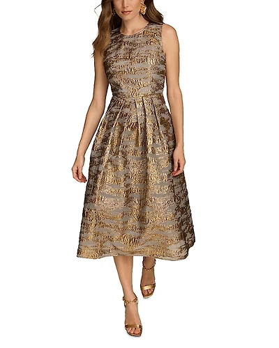 Donna Karan Brocade Midi A Line Dress With Illusion Neckline