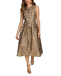 Donna Karan Brocade Midi A Line Dress With Illusion Neckline