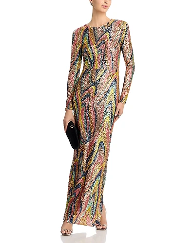 Aqua Long Sleeve Sequin Swirl Maxi Dress - Exclusive