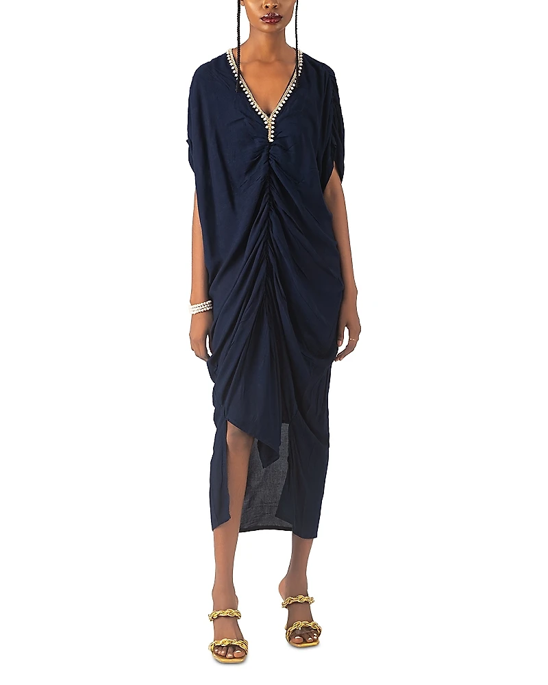 Busayo Olami Pearl Trim Asymmetric Midi Dress