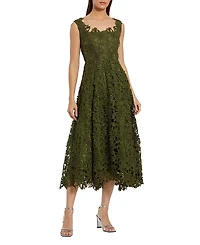 Mac Duggal Sleeveless Square Neck Lace A Line Midi Dress