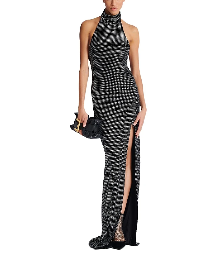 Balmain Long Velvet Halterneck Dress With Rhinestones