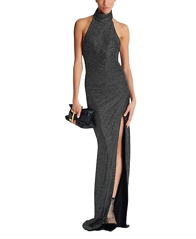 Balmain Long Velvet Halterneck Dress With Rhinestones