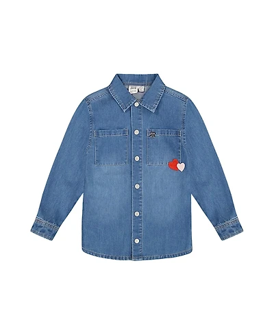 Deux par Girls' Denim Shirt with Patch Pockets and Apple - Big Kid