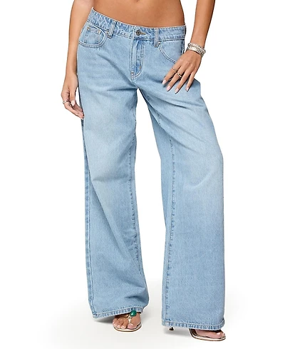 Edikted Mirra Embroidered Flower Low Rise Light Rinse Jeans