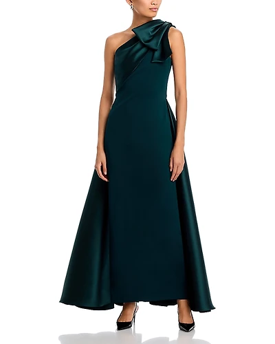 Aqua Long Mikado One Shoulder Bow Fit and Flare Gown - Exclusive