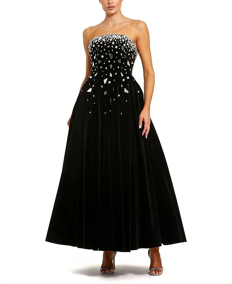 Mac Duggal Embellished Velvet Strapless A Line Ankle Dress