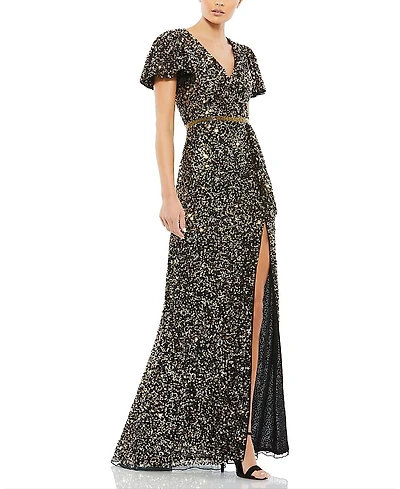 Mac Duggal Sequined Wrap Over Butterfly Sleeve Draped Gown