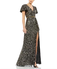 Mac Duggal Sequined Wrap Over Butterfly Sleeve Draped Gown