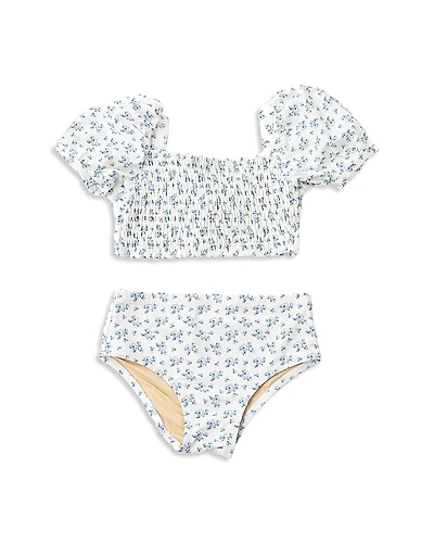 Shade Critters Girls' Cottage Floral Smocked Puff Sleeved Two Piece Swimsuit - Little Kid, Big Kid