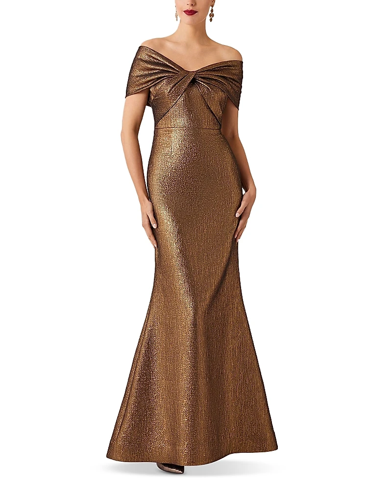 Teri Jon by Rickie Freeman Off Shoulder Twist Metallic Jacquard Gown