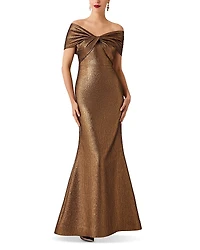 Teri Jon by Rickie Freeman Off Shoulder Twist Metallic Jacquard Gown