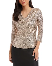 Karen Kane Three Quarter Sleeve Drape Front Sequin Top