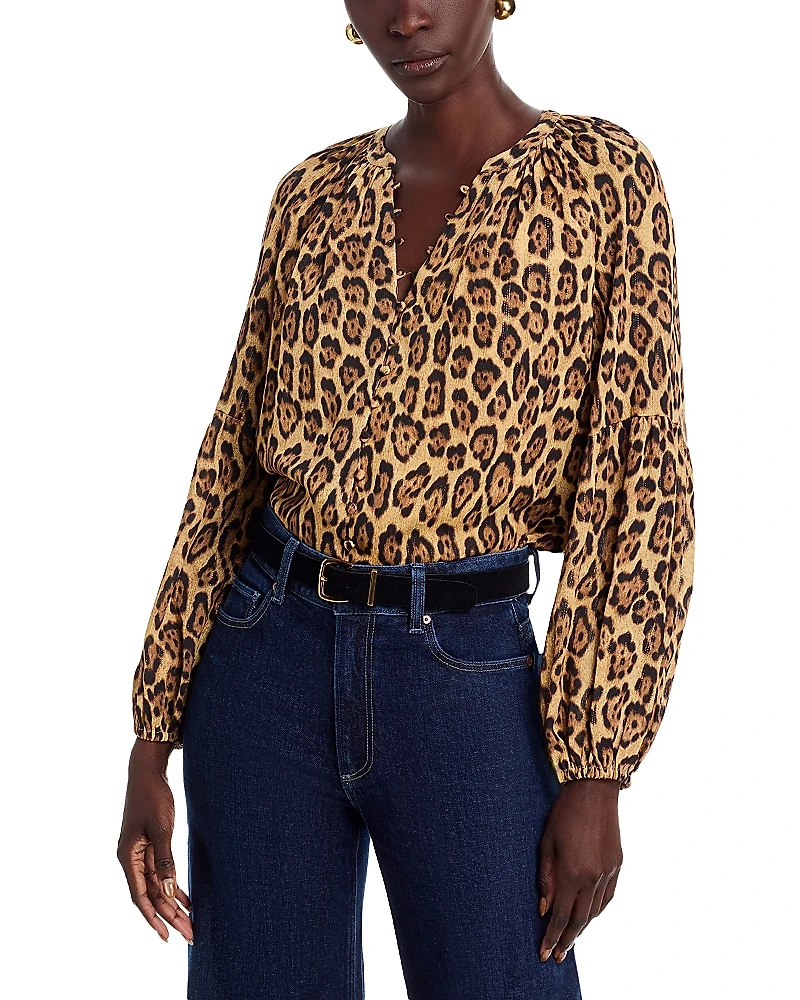 T Tahari Split V Neck Leopard Print Button Down Blouse