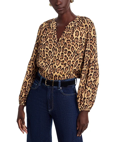 T Tahari Split V Neck Leopard Print Button Down Blouse