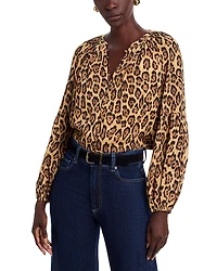 T Tahari Split V Neck Leopard Print Button Down Blouse