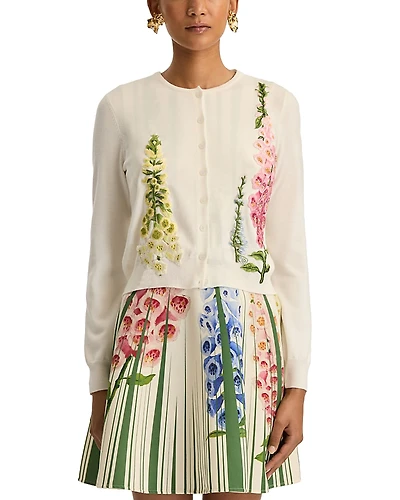 Oscar de la Renta Wool Embroidered Foxglove Cardigan