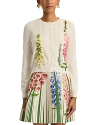 Oscar de la Renta Wool Embroidered Foxglove Cardigan