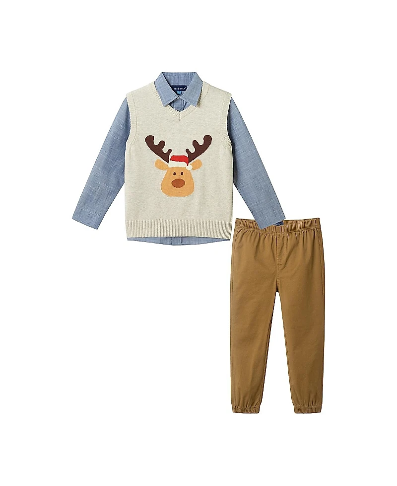 Andy & Evan Boys' Winter Moose Sweater Vest, Buttondown, and Pant Set - Little Kid