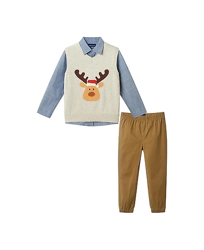 Andy & Evan Boys' Winter Moose Sweater Vest, Buttondown, and Pant Set - Little Kid