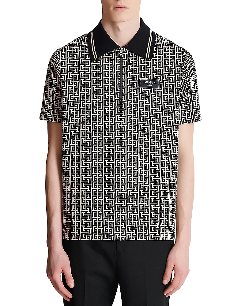 Balmain Monogram Print Zip Polo