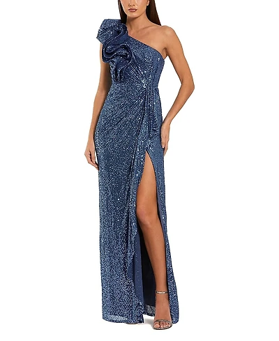 Mac Duggal One Shoulder Sequin Ruffle Detail Gown