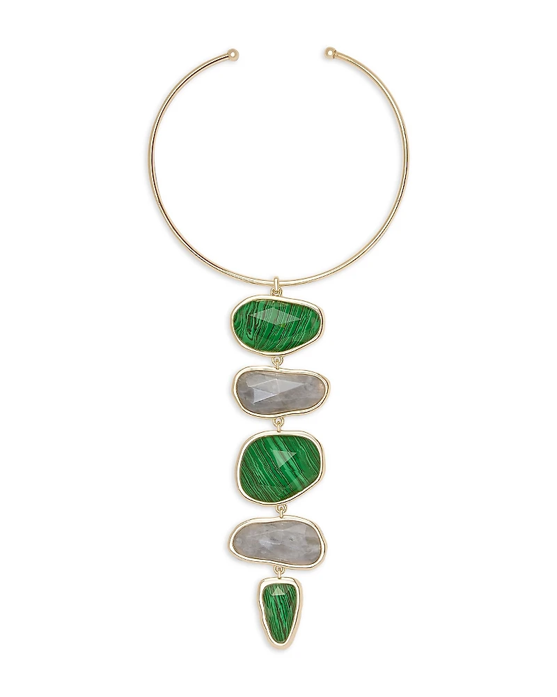 Ramy Brook Stone Charm Jewelry Green & Gray Stone Linear Statement Necklace, 15.7