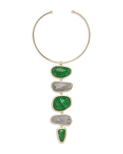 Ramy Brook Stone Charm Jewelry Green & Gray Stone Linear Statement Necklace, 15.7