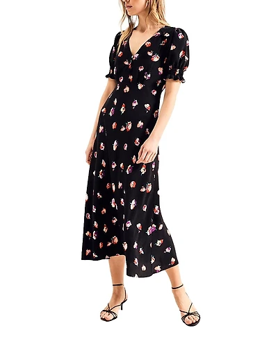 Ro & Zo Pansy Print Shirred Cuff Midi Dress